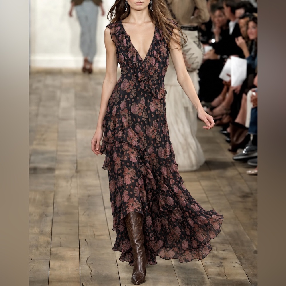 Ralph Lauren Floral Ruffle-Trim Georgette Maxi Long Gown Dress 0